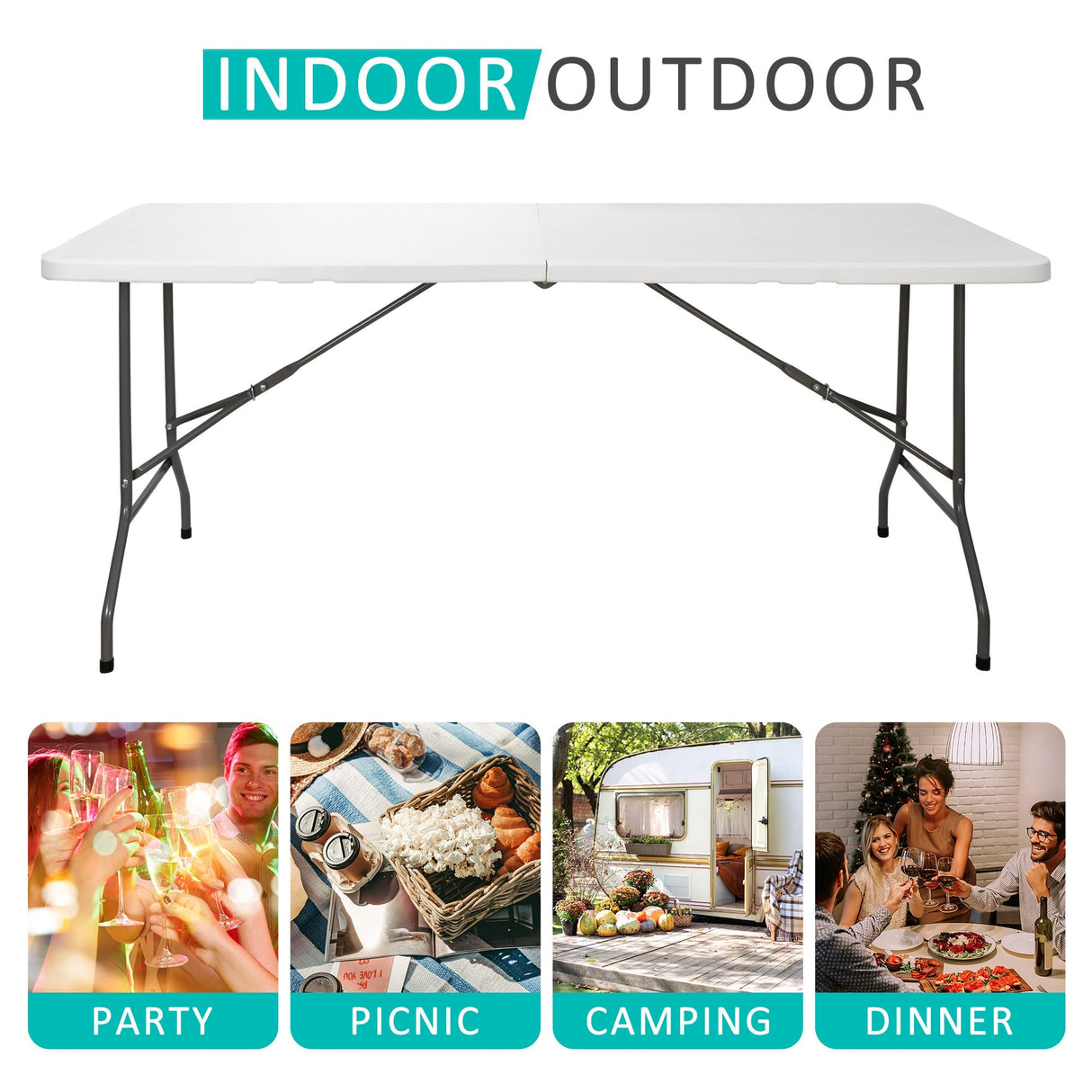 SUPER DEAL 6FT Folding Table for Indoor Outdoor, Portable Heavy Duty Fold-in-Half Plastic Dining Picnic Party Camping Table with Carrying Handle SUPER DEAL