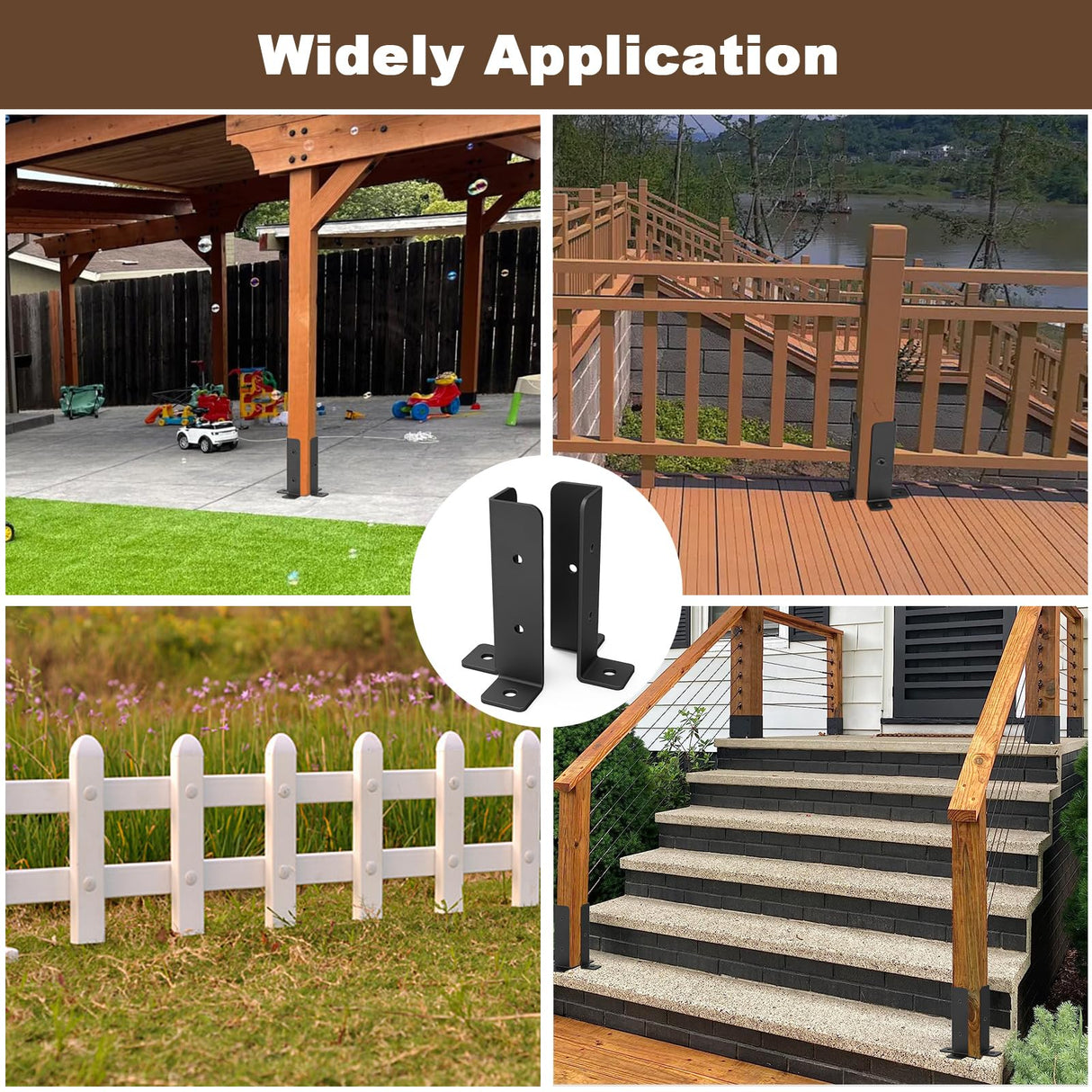 4 pcs Adjustable Deck Post Anchor Base Brackets Fit 1.5x1.5,2x2,2x4,4x4 Post,Wood Fence Pergola Post Base Brackets Kit,Heavy Duty Half Column Black Post Brackets Support Base Brackets for Deck Railing Linone