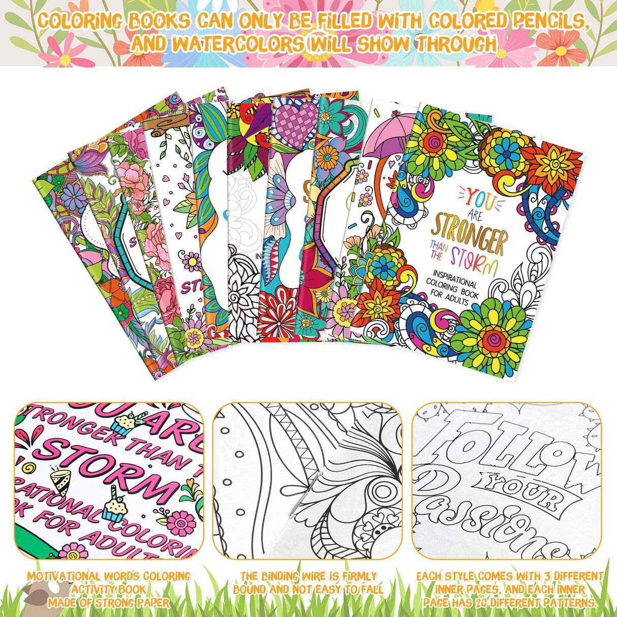 Liliful 144 Pcs Flower Coloring Book Bulk for Adult Kids DIY Art Stress Relief Drawing Book with Patterns for Adults, Party Favors, Goodie Bag Filler and Holiday Gifts (Motivate) Liliful