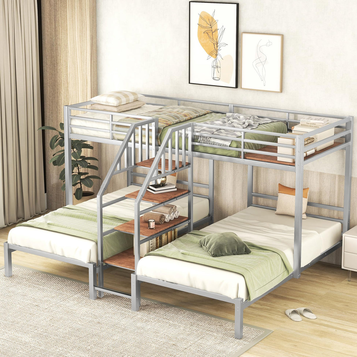 Harper & Bright Designs Metal Triple Bunk Bed with Stairs, 3 Beds Bunk Bed, Twin Over Twin & Twin Bunk Bed with Storage Shelves Staircase, for Kids Teens Adults, Silver Harper & Bright Designs