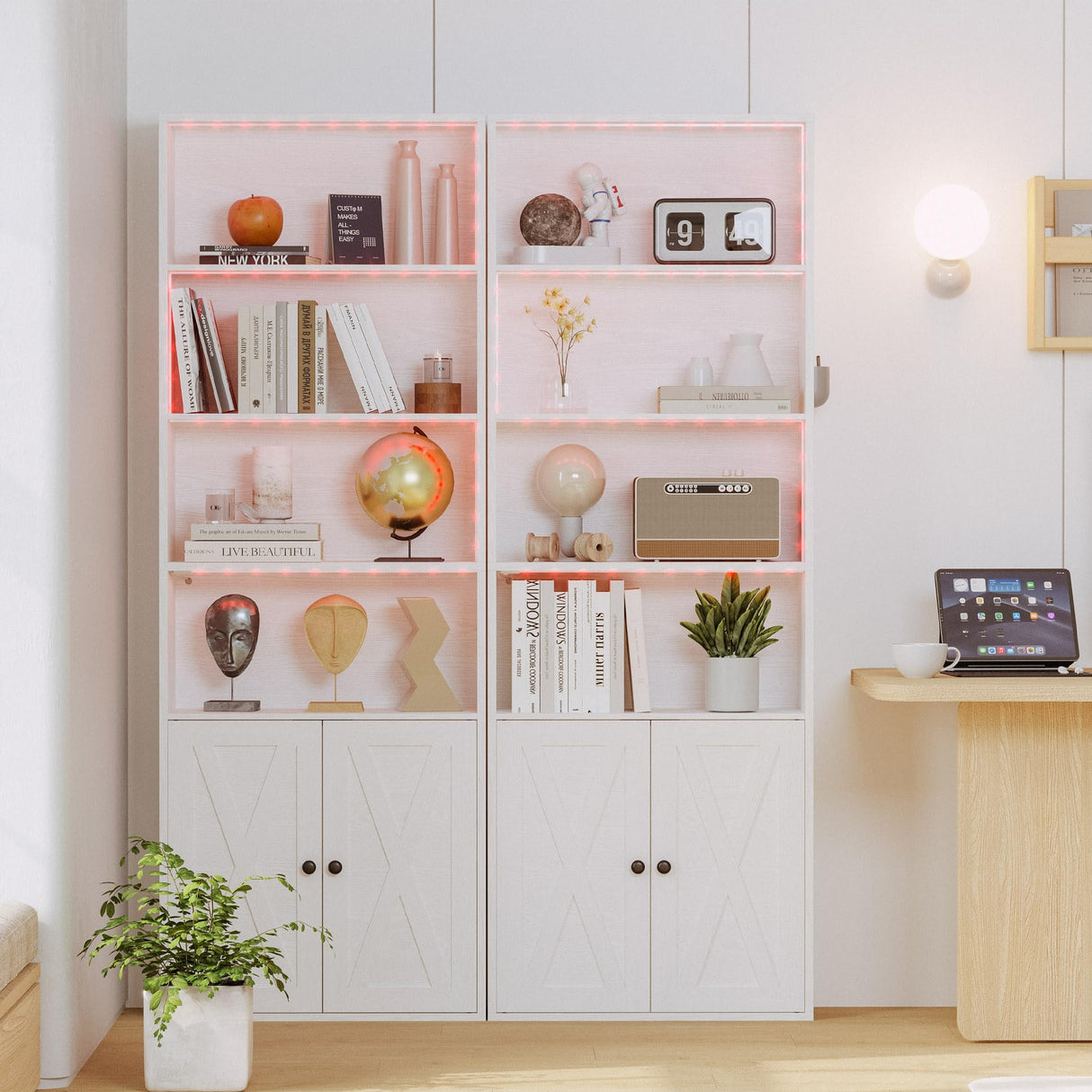 IRONCK 70-Inch Industrial White Tall Bookcase with Adjustable LED Lights IRONCK