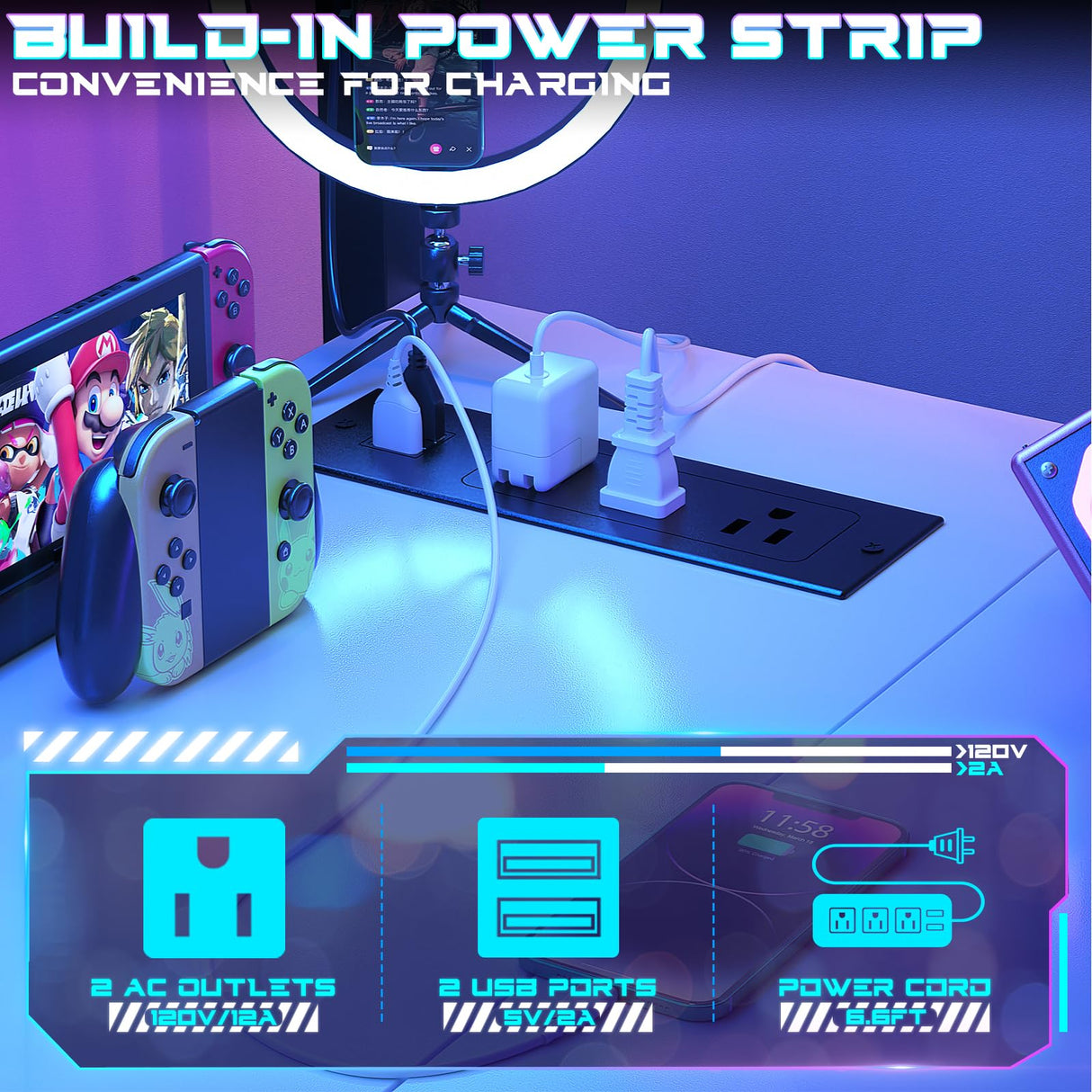 Homieasy Small Gaming Desk with Power Outlets Pegboard LED Light, 43 Inch L Shaped Computer Desk with Monitor Stand Storage Shelves, Reversible Corner Desk with Headset Hooks, White Homieasy