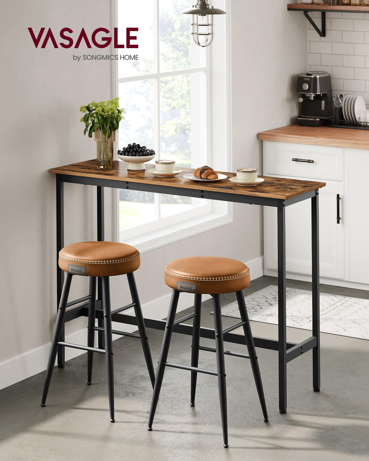 VASAGLE Narrow Rustic Brown Bar Table with Sturdy Metal Frame – High Pub Table for Small Spaces VASAGLE