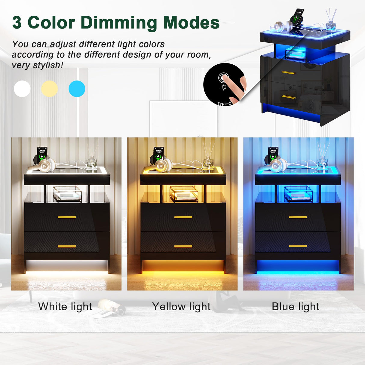 HNEBC Auto LED Nightstand Set of 2, Black Night Stand with Charging Station & USB Ports, High Gloss Bedside Table has 2 Drawers,Modern End Side Table for Bedroom (Black) HNEBC