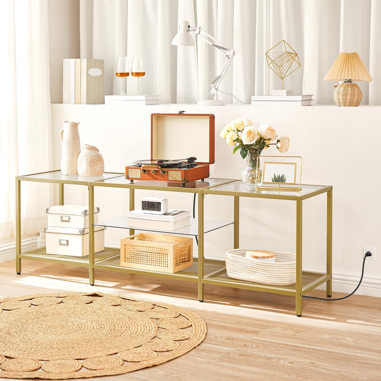 HOOBRO TV Stand with LED Lights and Power Outlets for TVs up to 75", Modern 63 Inch Tempered Glass TV Console Table with Open Shelves, Media Entertainment Center for Living Room, Gold GD165UDS01 HOOBRO