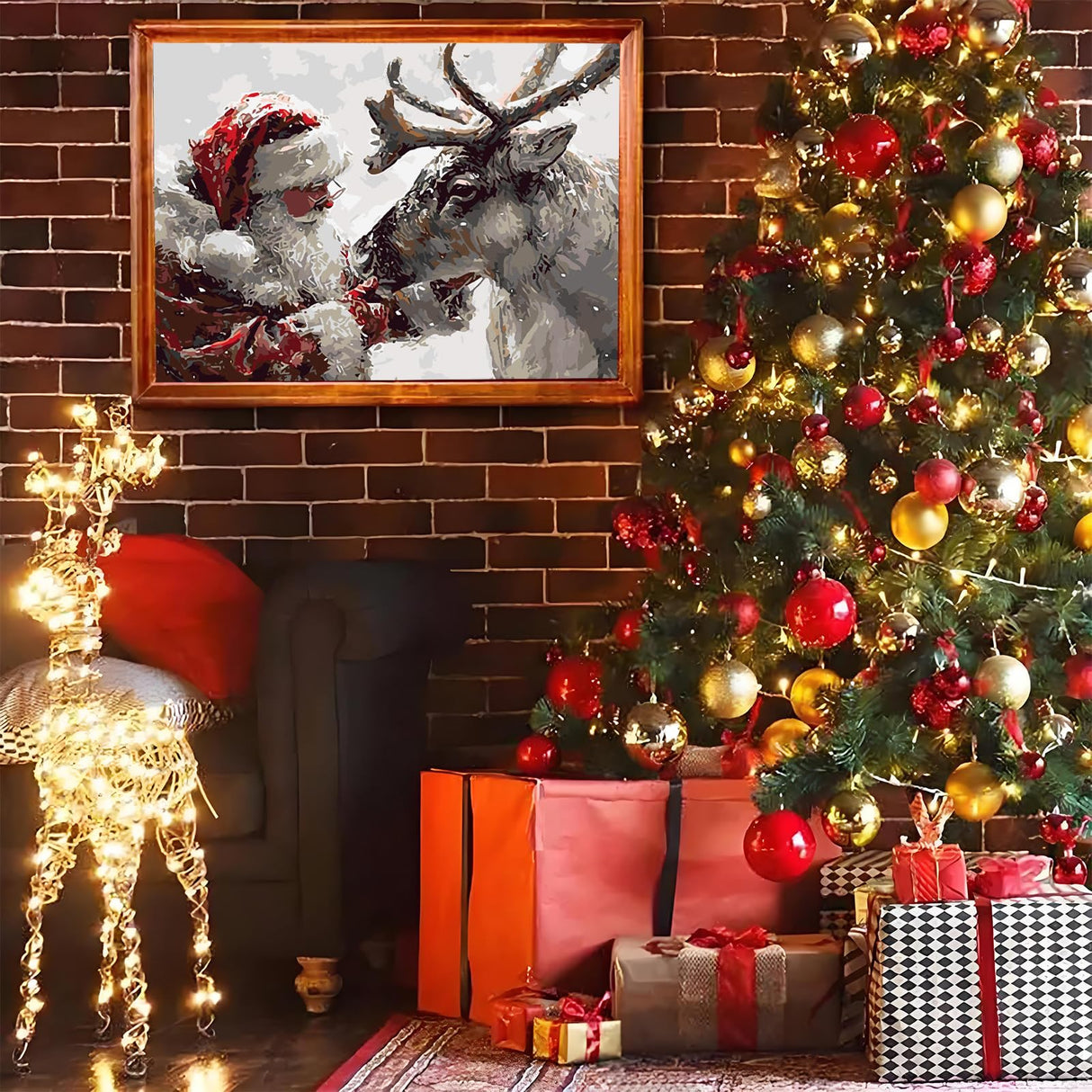 AREOPNMG Christmas Santa Claus Paint by Numbers Kit for Adults Beginner DIY Winter Elk Painting by Numbers Kits,with 3 Brushes and Acrylic Paint(Without Frame), Home Wall Decor 12 x 16 in AREOPNMG