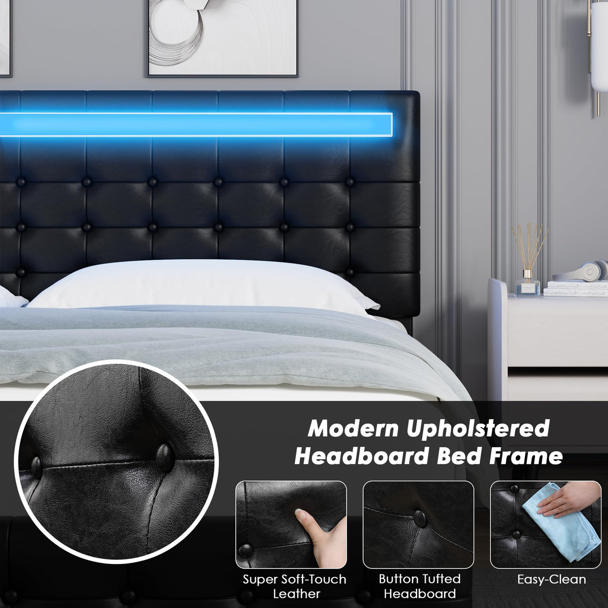 Keyluv Modern King Bed Frame with LED Lights and Upholstered Leather Headboard Keyluv