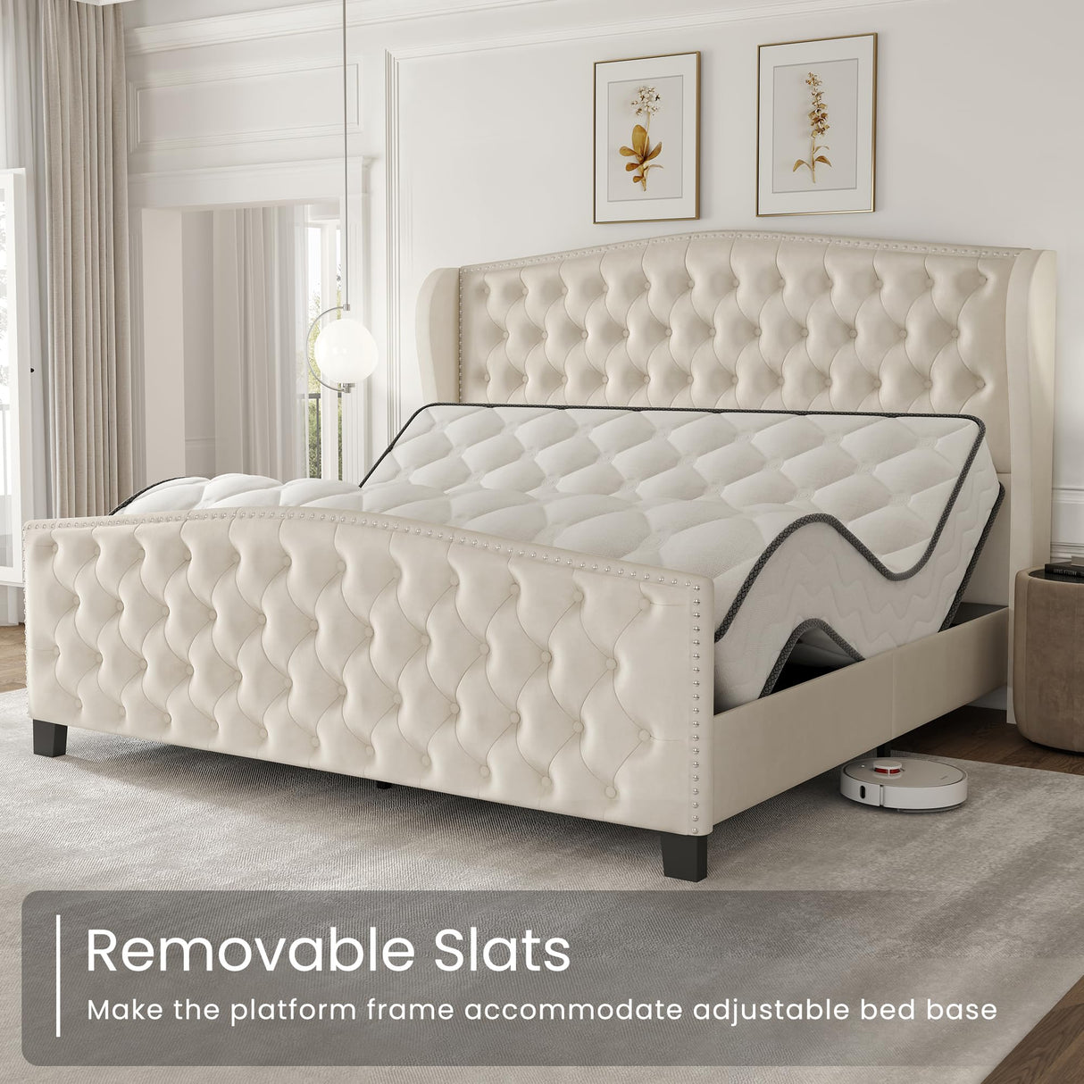 LARMACE King Size Bed Frame Velvet Upholstered Platform Bed with Wingback Headboard & Footbaord, Deep Button Tufted Bed Frame with Wood Slats Support, No Box Spring Needed, Beige LARMACE