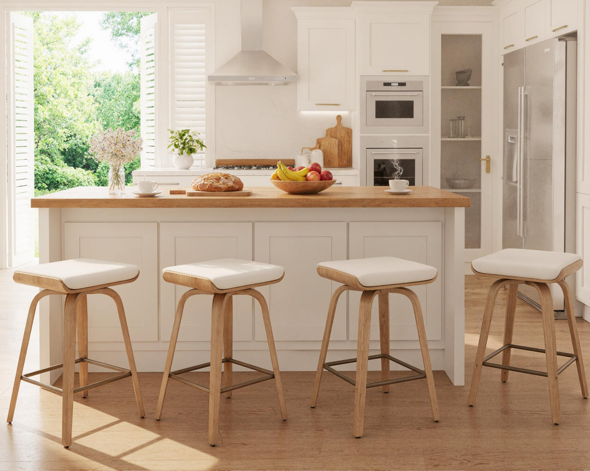 26’’ Swivel Counter Stools Counter Height Bar Stools Set of 2, Rustic Farmhouse Backless Swivel Bar Stools Beige Linen Cushion Bar Height Chairs with Footrest, Modern Wood Barstools for Kitchen Island HNY