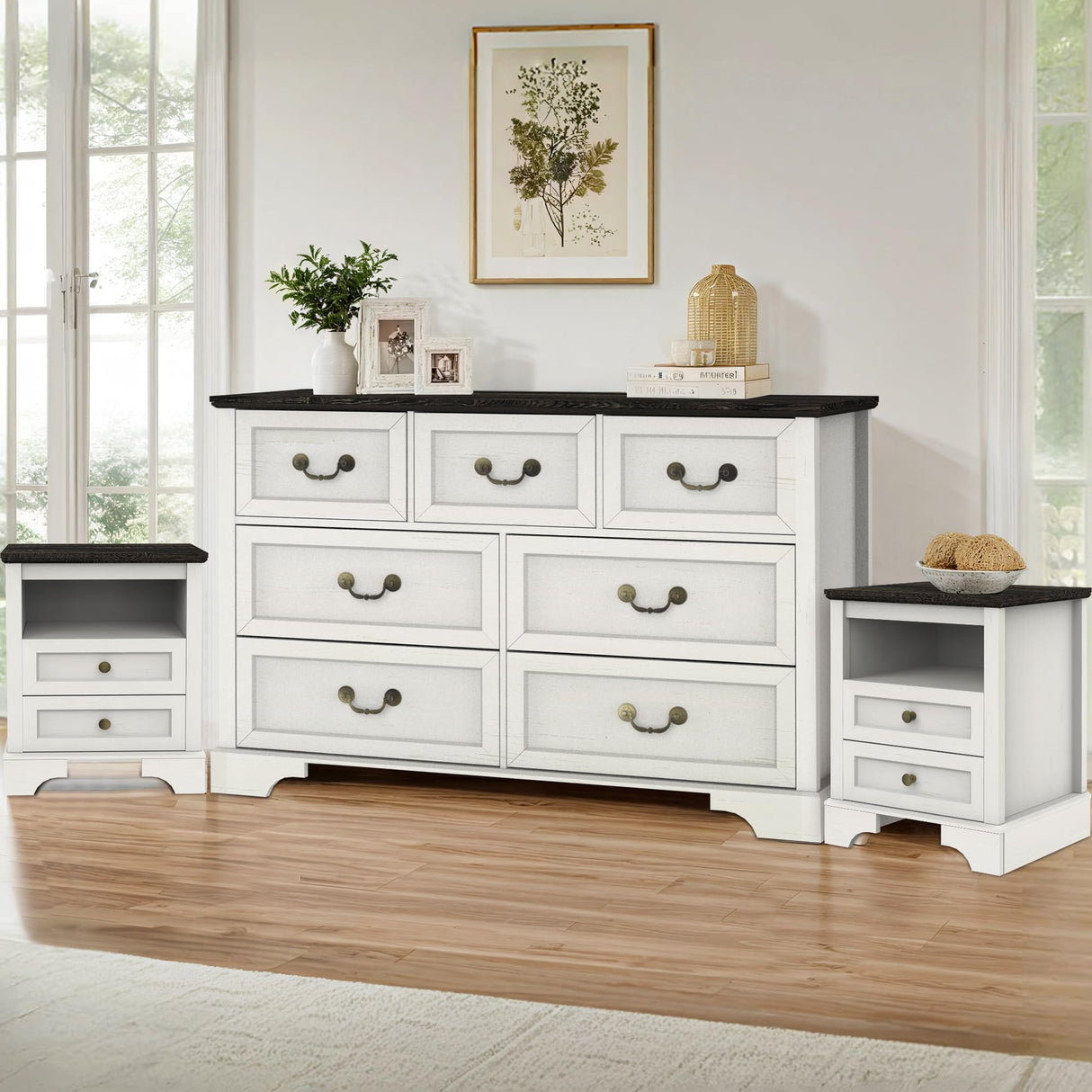 CATMIX Farmhouse Bedroom Set, 3 Pieces Bedroom Furniture Set, Rustic Wood 6 Drawer Dresser and Nightstands, Chest of Drawers Wide Storage Organizer Cabinet for Bedroom CATMIX