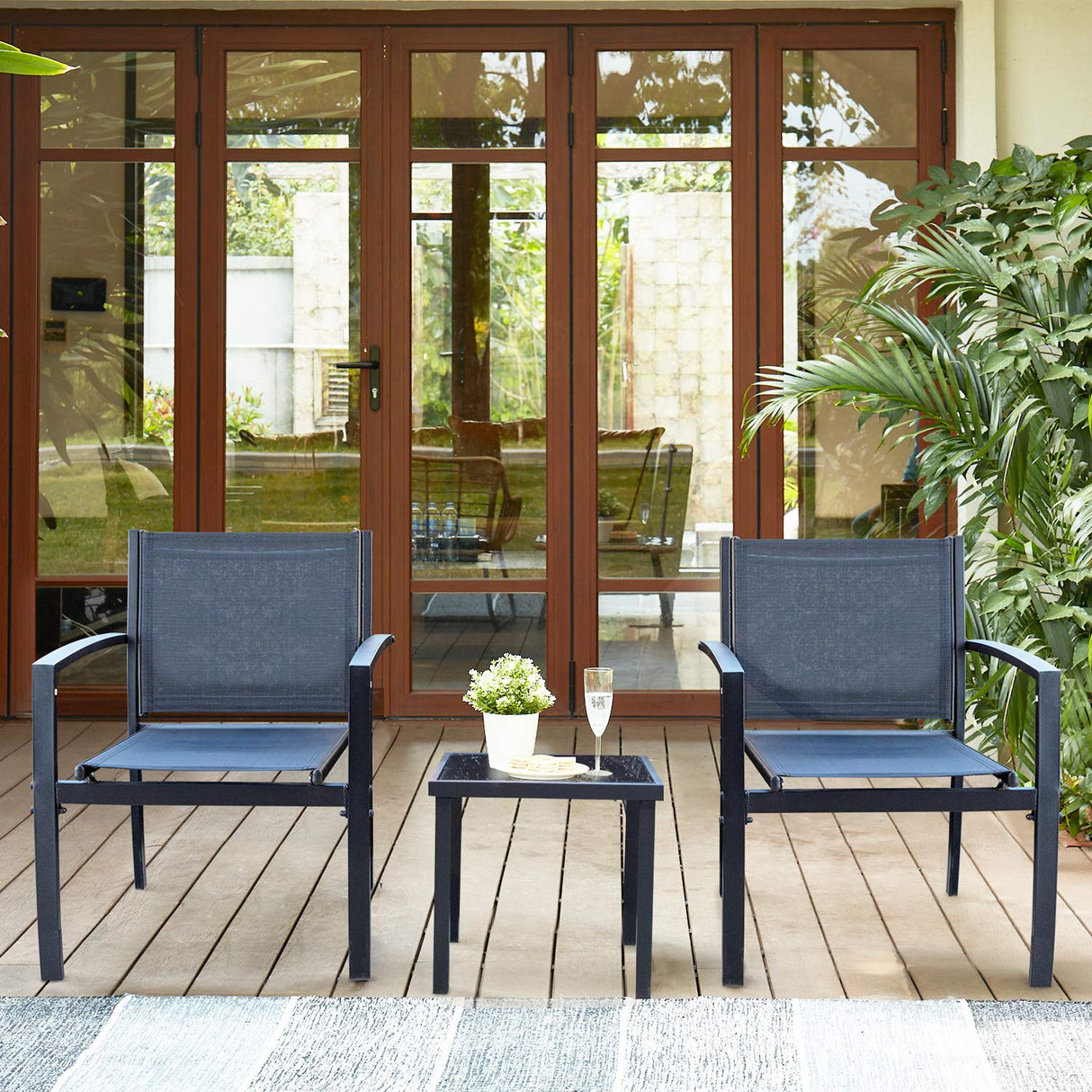 Homall 3 Pieces Furniture Outdoor Patio Conversation Bistro Set Modern Porch Lawn Chairs with Coffee Table for Home and Balcony, 1, Black Homall