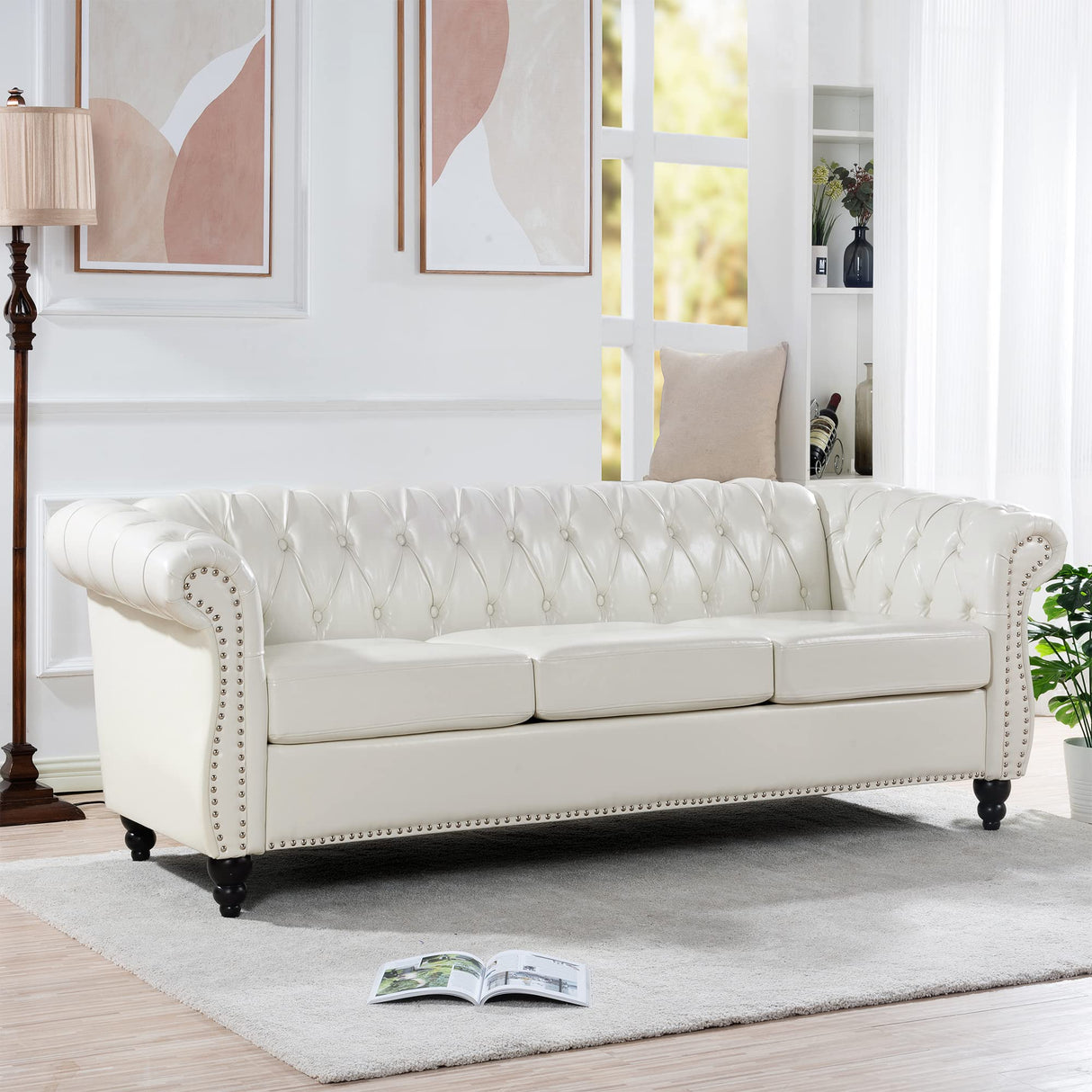 Ball & Cast 84" Chesterfield Leather Sofa with Channel Tufted Seat Back,Classic 3 Seater Couch w/Roll Arm Nailhead Trim and Upholstered,Mid Century Furniture for Living Room,Bedroom,Office,White PU Ball & Cast