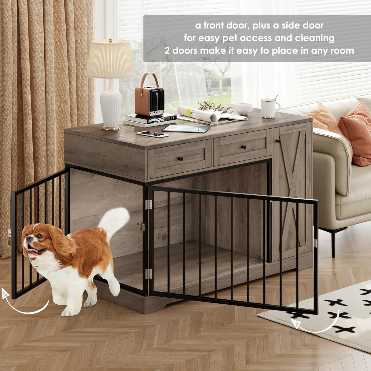 Dog Crate Furniture Kennel with Double Doors Wooden Pet House with 2 Drawers and Storage Cabinet, Indoor Dog Cage Farmhouse Modern Side End Table for Small Medium Dogs, Rustic TTVIEW