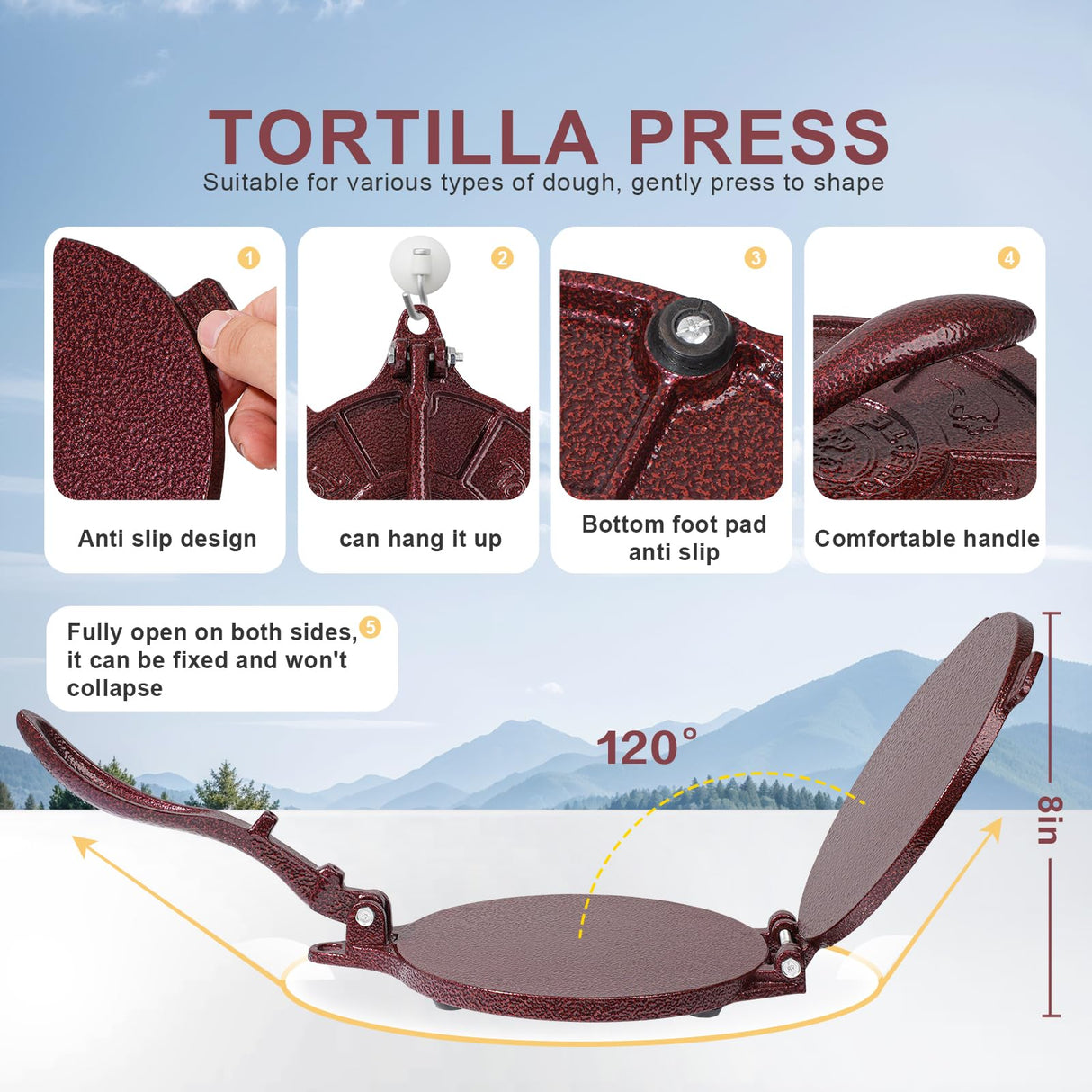 Vivicreate Cast Iron Tortilla Press 8 Inch, Tortilla Maker, Quesadilla Maker, Non-slip Design (Brown flower) vivicreate