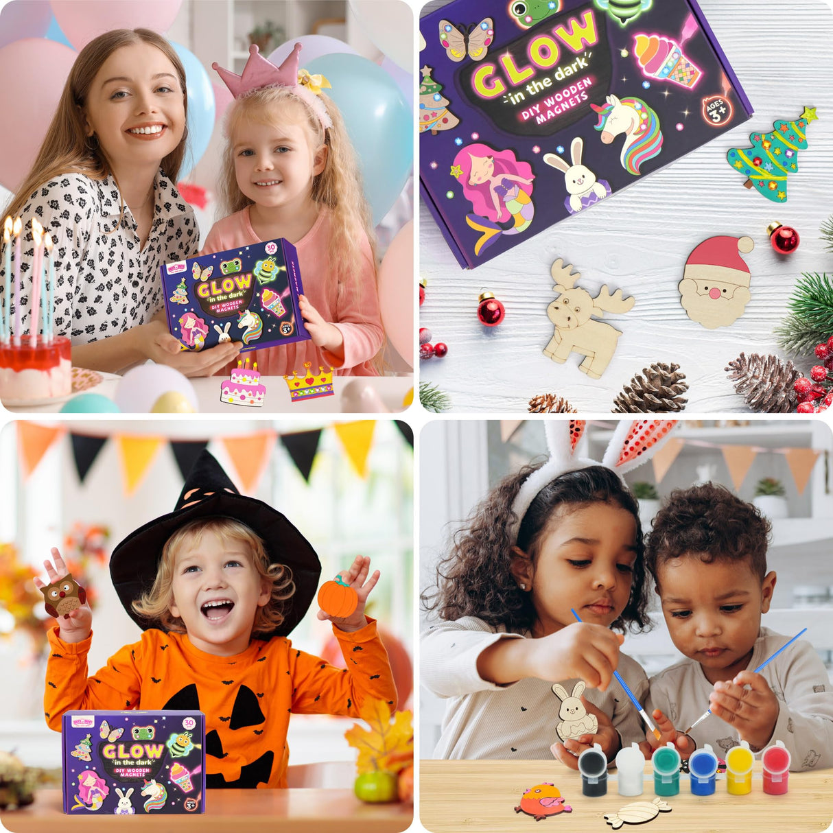 BenBen 30pcs DIY Wooden Magnets, Glow in The Dark Wood Crafts Kit for Kids, Arts & Crafts Supplies Painting Kit for Girls Boys Ages 4-8 8-12, Birthday Easter Gifts Toys BenBen