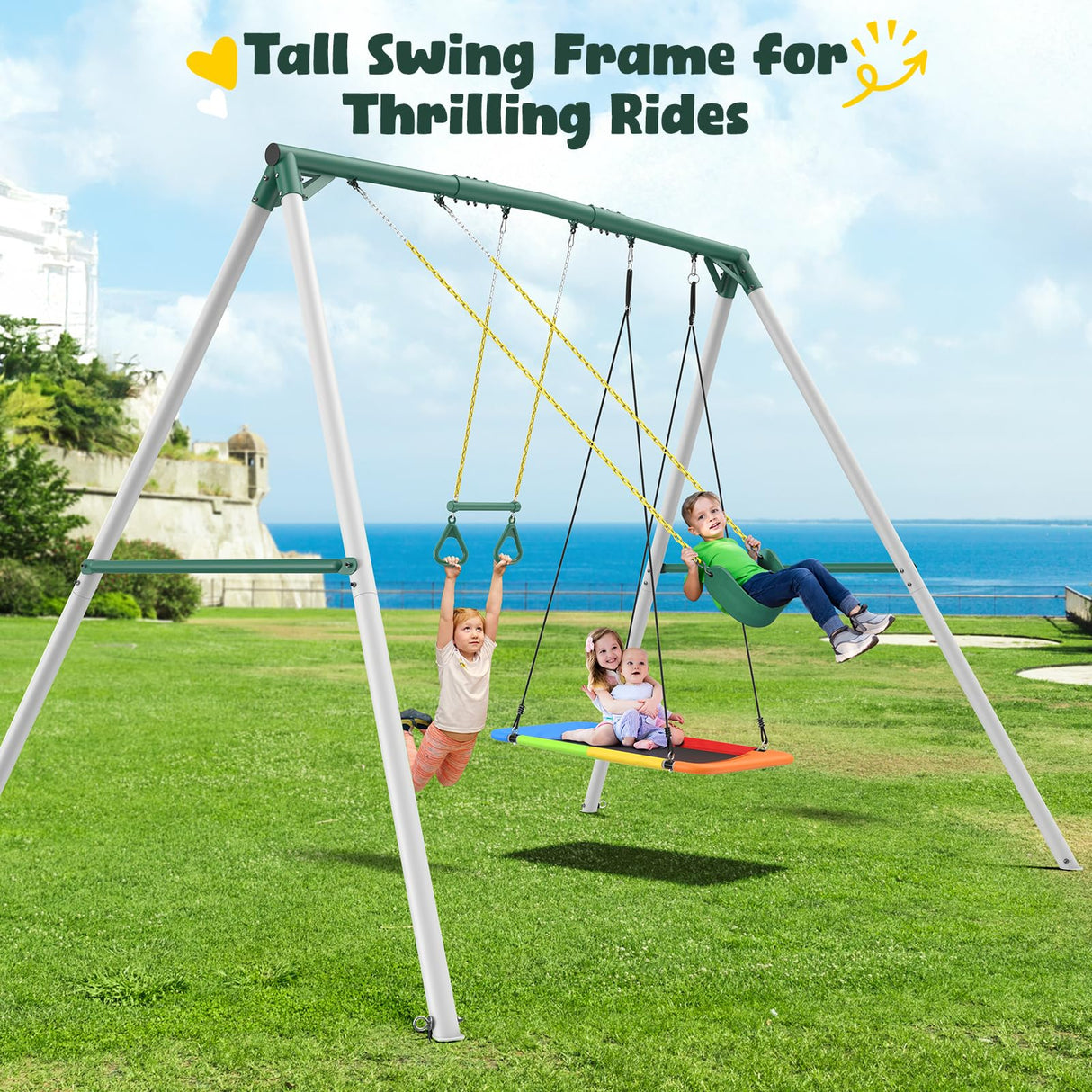 Hapfan 9.5' Tall Swing Sets for Backyard with Platform Swing, Heavy Duty Metal Swingset Outdoor for Kids with Trapeze Swing Bar, Belt Swing and Rectangle Swing Hapfan