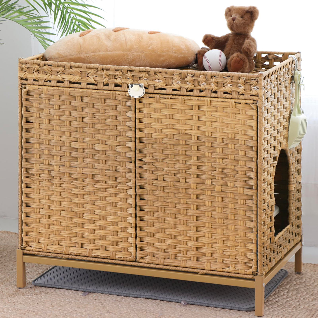 KUREEISE Cat Litter Box Enclosure; Cat Litter Box Enclosure Furniture with Cat Litter Mat;Handwoven Rattan Cat House with Metal Heightened Feet;30.3×18.3×28 Inches;Living Room, Bedroom-Natural KUREEISE