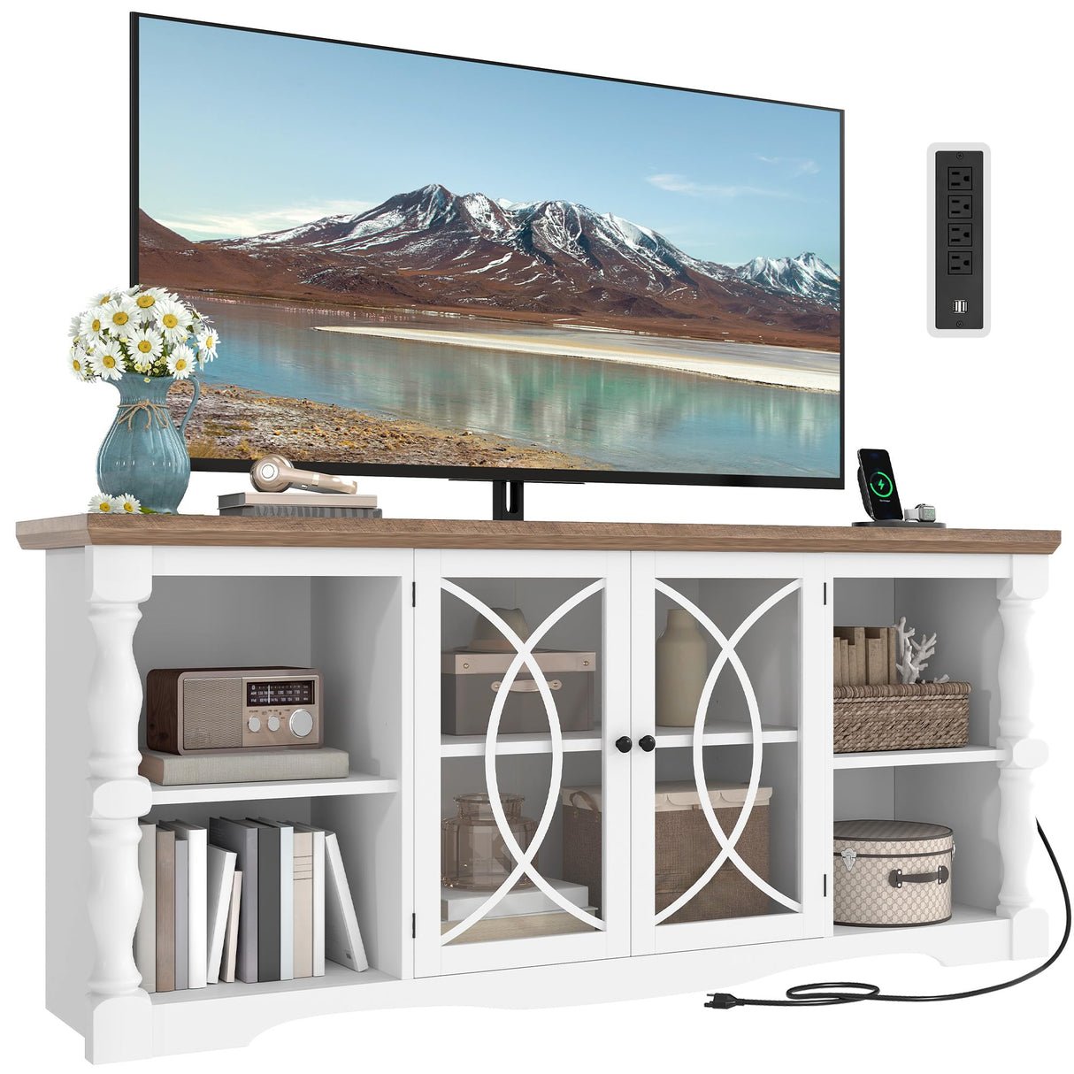 YITAHOME Farmhouse TV Stand with Mount for 32-70 Inch TVs, Entertainment Center with Power Outlets, Media Console Cabinet with Tempered Glass Doors for Living Room, Washed Grey & White YITAHOME