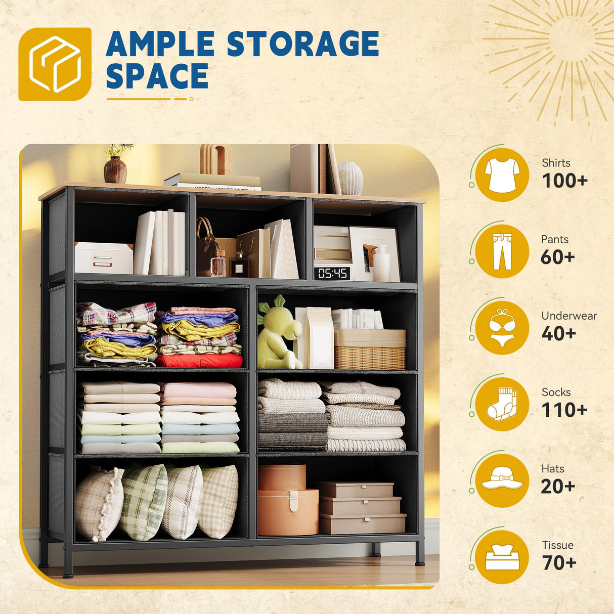 DWVO Dresser with 9 Drawers, Fabric Storage Dresser, Chest of Drawers, Storage Tower Organizer Unit for Living Room, Closets(Dark Grey) DWVO