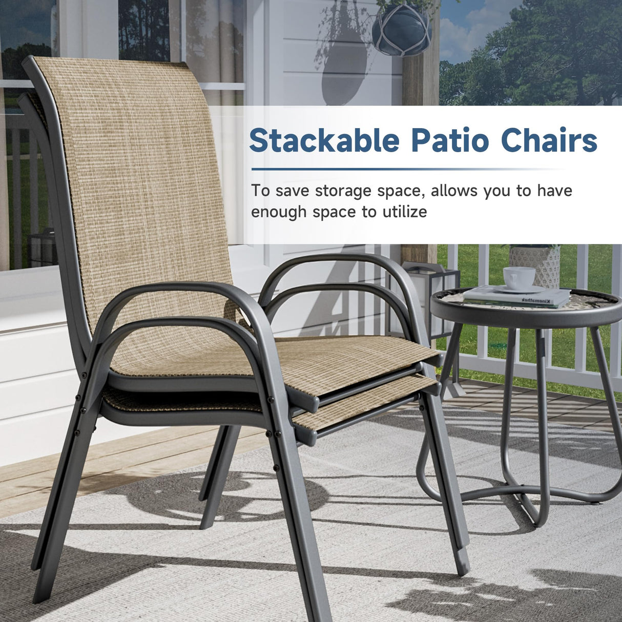 Amopatio 3 Piece Patio Set, Outdoor Stackable Dinging Chairs for All Weather, Breathable Garden Furniture for Backyard Deck, Brown Amopatio