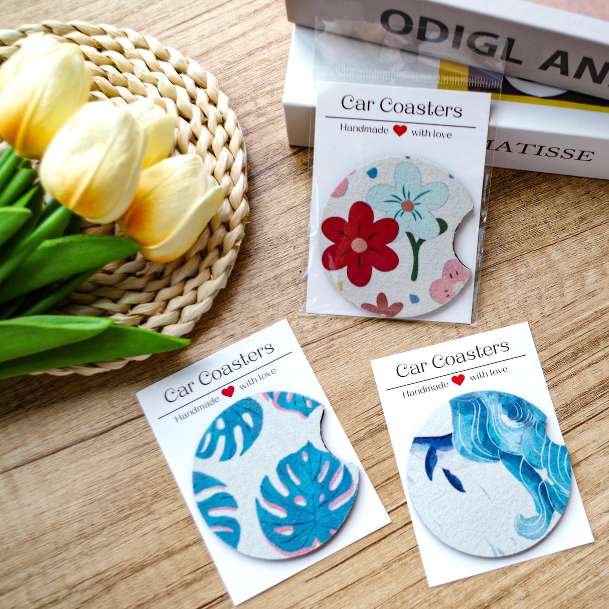 Vcekract 100Pcs Car Coaster Packaging for Selling, Sublimation Car Coasters Cards with 100Pcs Bags, Car Coaster Packaging, Coasters Display Cards 3.93x2.85In, Heat Press Machines Accessories Vcekract