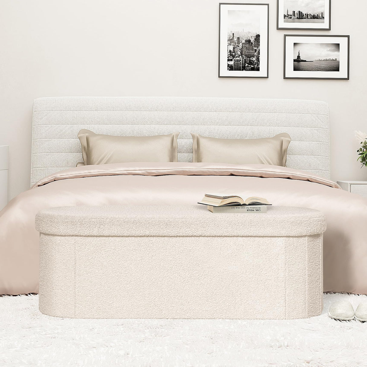 PINPLUS Storage Ottoman Bench Tufted Oval Ottomans Bench Foot Rest, Toy Chest Box Velvet Bench with Storage, 43"x15"x15" (White) PINPLUS