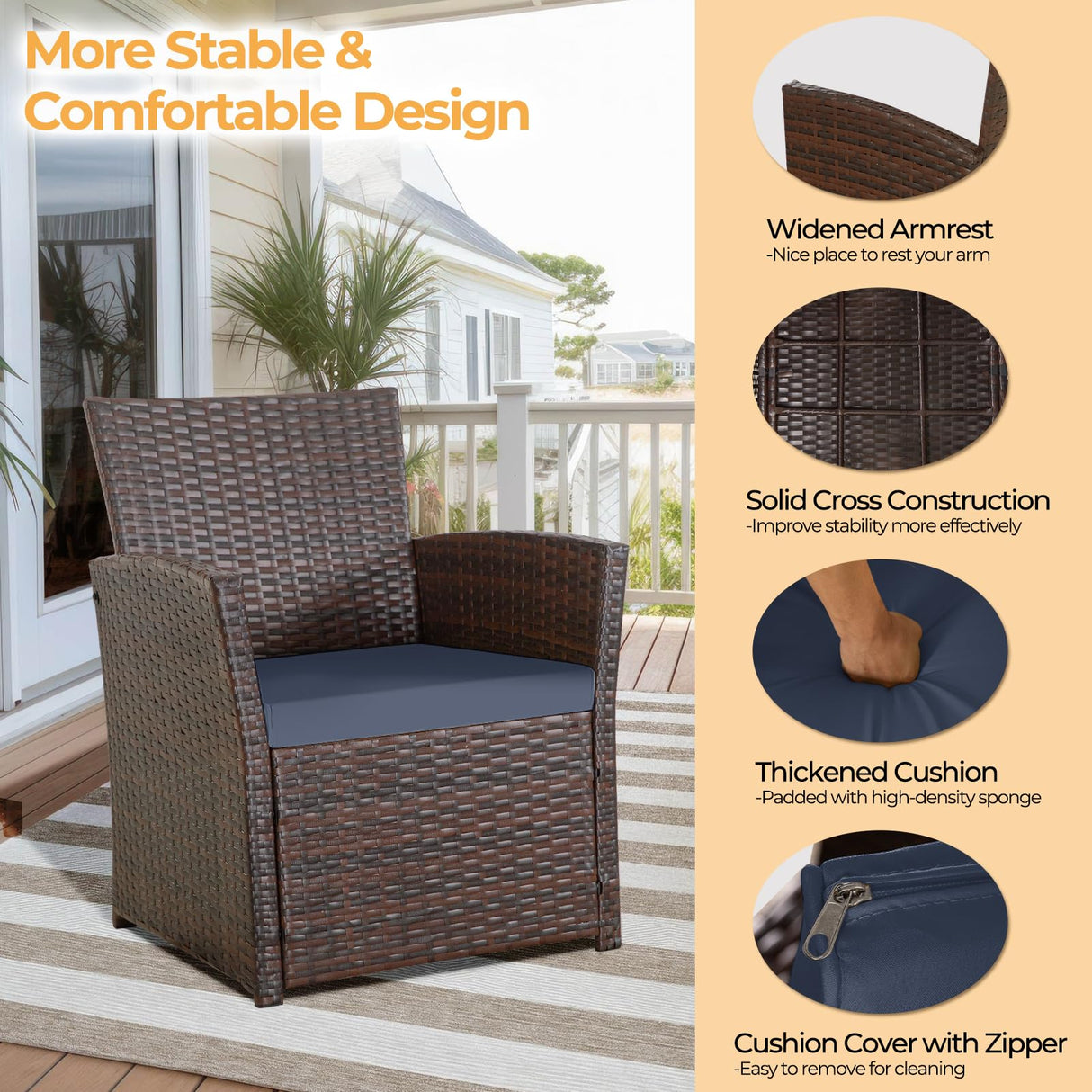 FHFO 4 Piece Outdoor Patio Furniture Sets, Wicker Sectional Conversation Sofa Set, Rattan Table and Chairs and Loveseat with Cushions for Outside Balcony Porch Backyard (Brown-Blue) FHFO