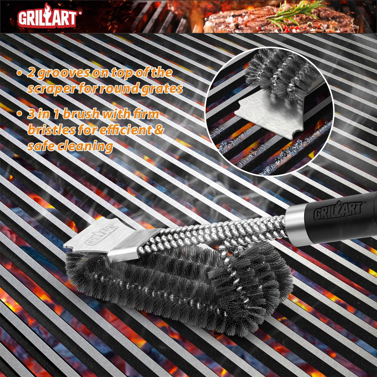 GRILLART Grill Brush and Scraper with Deluxe Handle, Safe Wire Grill Brush BBQ Cleaning Brush Grill Grate Cleaner for Gas Infrared Charcoal Porcelain Grills, BR-8529 GRILLART