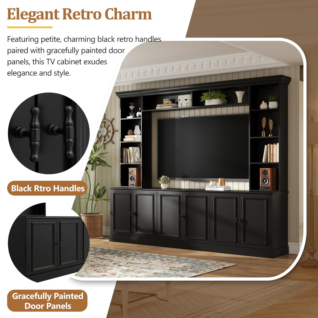 SOFTSEA 4-Piece Wall Unit Entertainment Center with Bookshelves for TVs up to 70", Modern TV Stand with 6 Doors & Adjustable Shelves, Large Media Center with Display Cabinet for Living Room, Black SOFTSEA