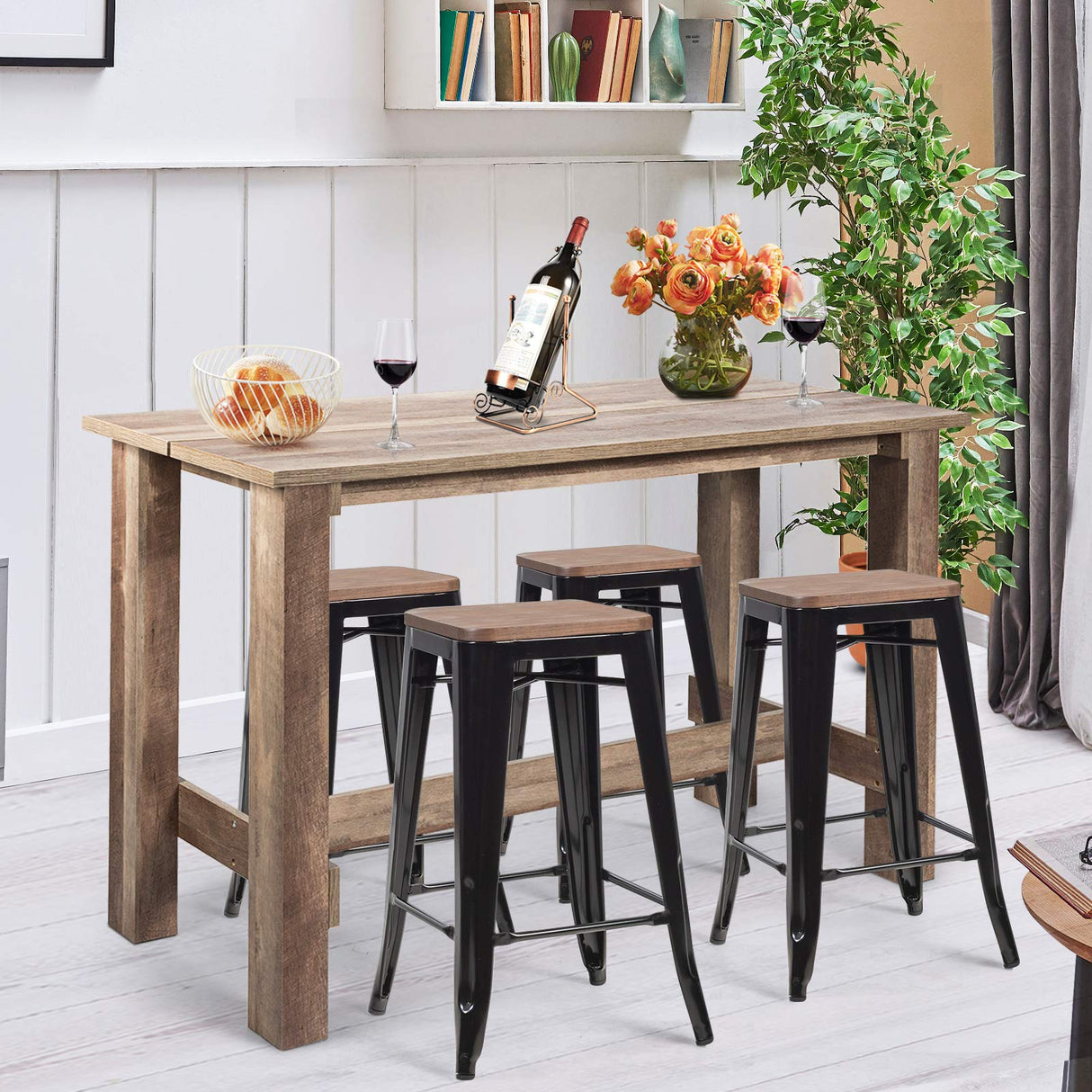 SILKYDRY Counter Height Table, 55’’ L x 25.5’’ W x 35.5’’ H Wood Bar Table, Rectangular Rustic Dining Table for 4-6 Individuals, Farmhouse Kitchen Table for Pub, Cafe, Bistro SILKYDRY