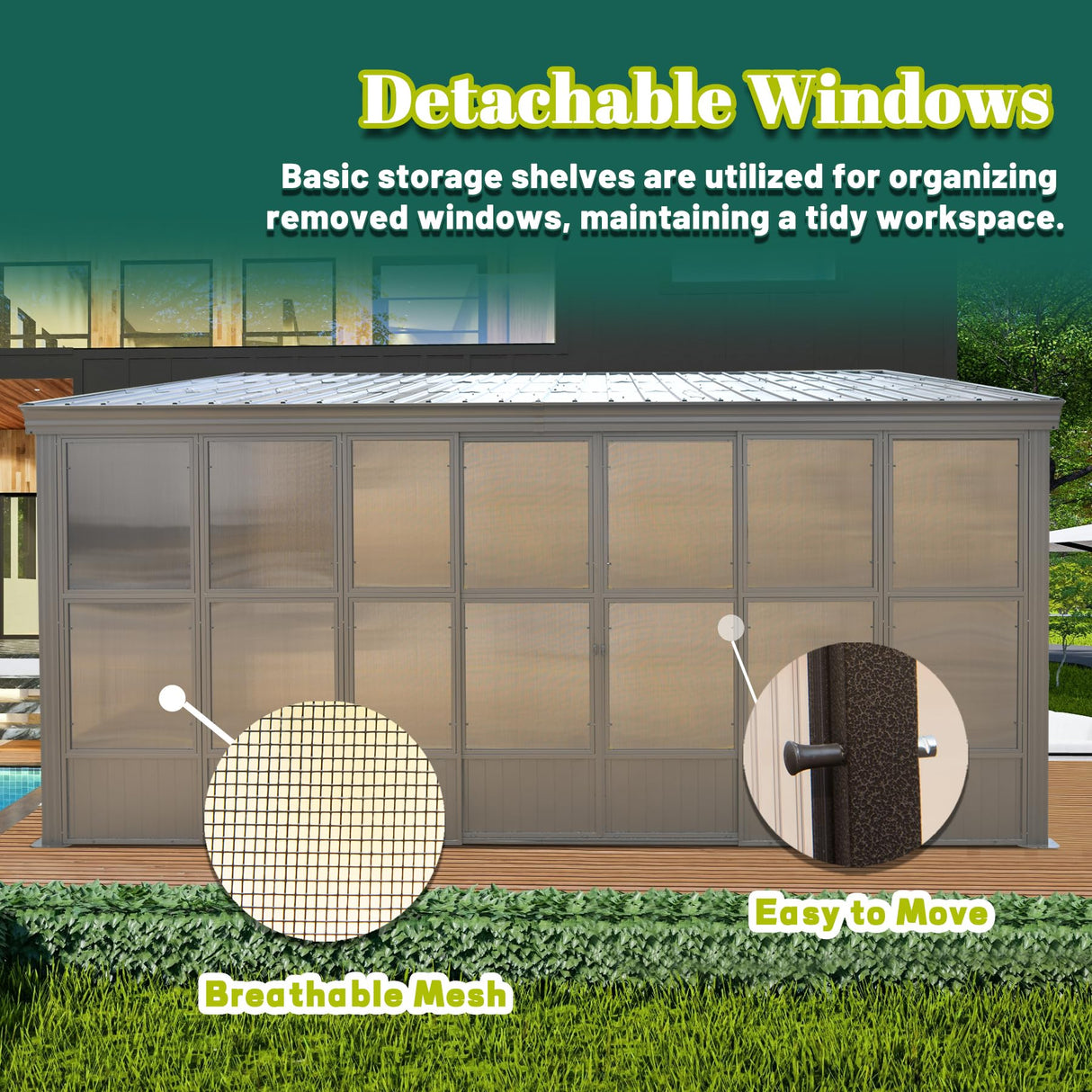 Domi 12x16FT Wall Mounted Sunroom, Against Wall Solarium with Galvanized Steel Sloping Roof, Detachable PC Screen, Front and Two Side Sliding Doors, Lean-to Gazebo Sun Room for Patio Deck domi outdoor living