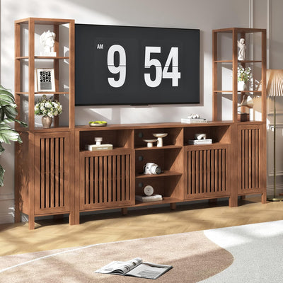 BVIUNTWO Farmhouse TV Stand for 70 inch TVs, Entertainment Center with Bookshelves - 4 Door Media Console with Adjustable Shelves, Storage Cabinet for Living Room Bedroom Home Theater, Rustic Brown