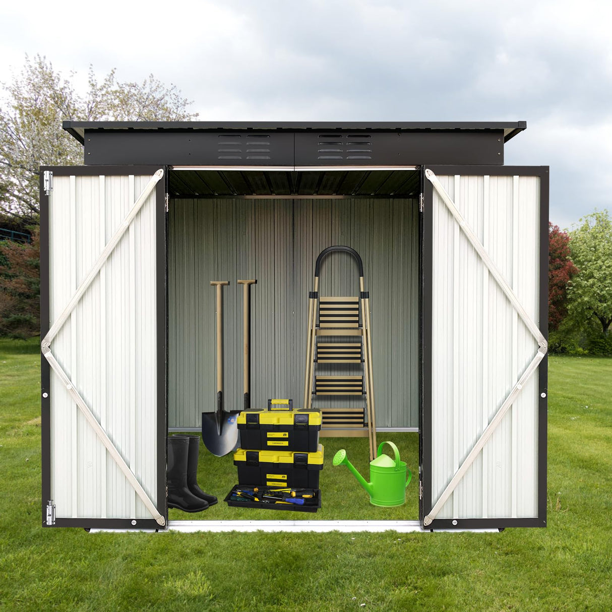 6 x 4 FT Outdoor Storage Shed, Metal Garden Tool Shed with Slooping Roof, Lockable Doors and Aluminum Frames, Easy to Assemble for Garden, Patio, Lawn, White LINKHOO