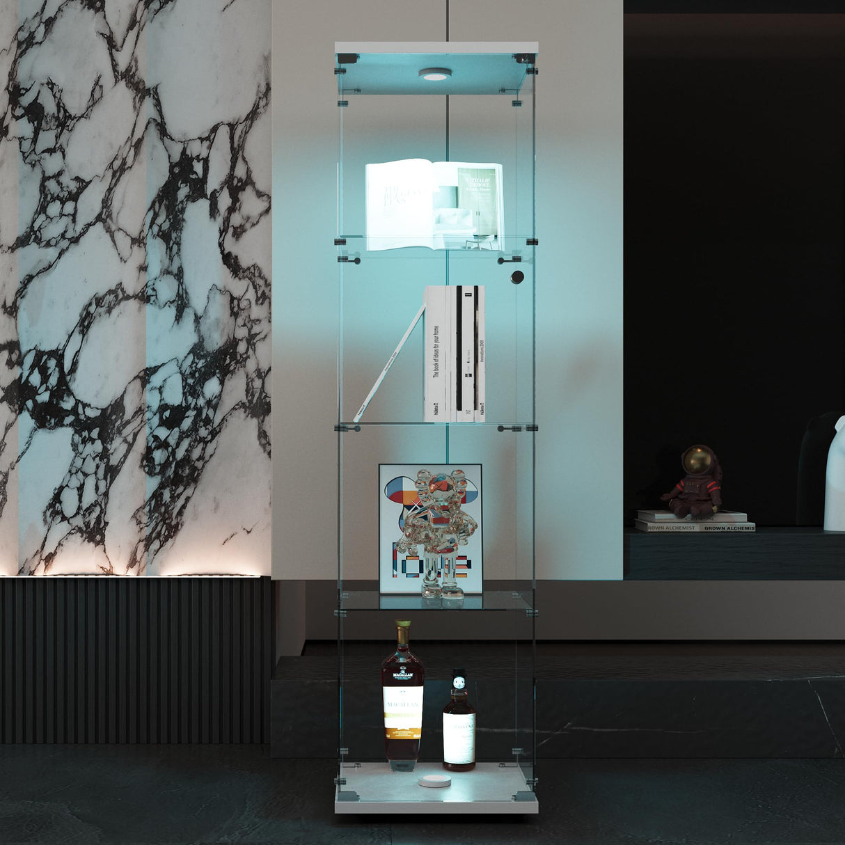 lunhung 4-Shelf Glass Display Cabinet with LED Lights & Lock, Glass Curio Cabinet w/Tempered Glass Single Door, Collection Display Case Bookshelf for Living Room 64.7" Hx 16.7" Wx 14.3" D(White) lunhung