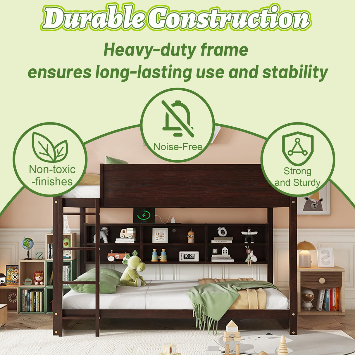 OYUMOENTS Queen Over Queen Bunk Bed, Solid Pine Wood Bunk Bed with Built-in Storage Cabinets, Charging Station, Ladder,Safety Guardrails, No squeaking for Teens & Adults, Brwon OYUMOENTS