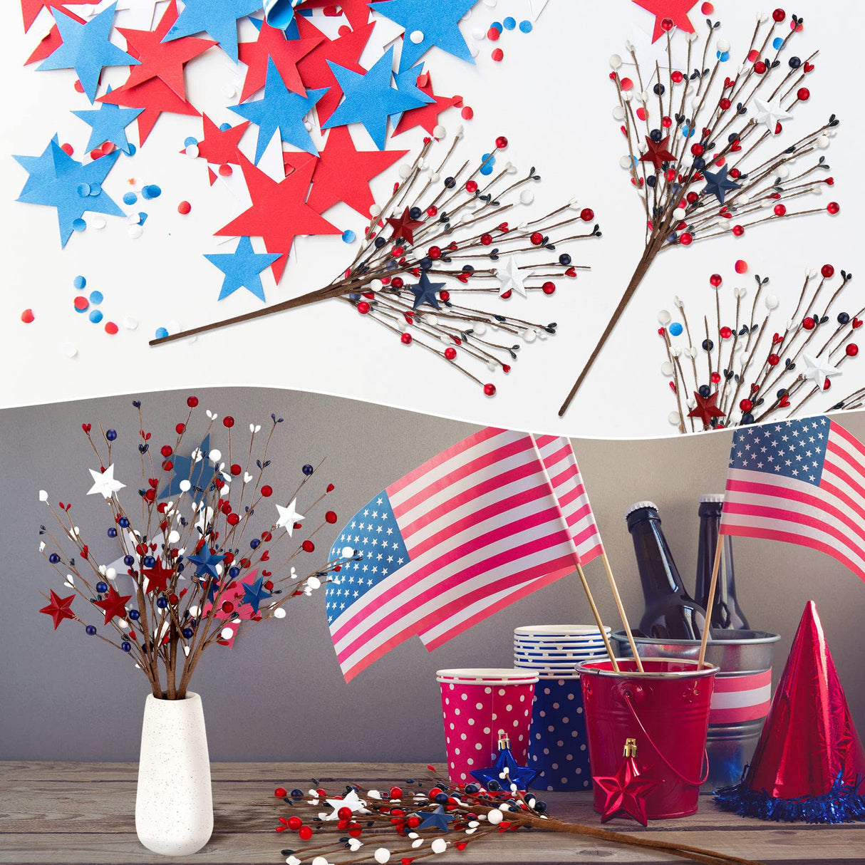Jutom 6 Pcs 4th of July Decorations Patriotic Artificial Berry Stem Picks 13'' Independence Day Decor White Blue Red Stars Memorial Day Faux Berry Branches Table Centerpiece Decor for Home Office Jutom