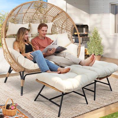 RADIATA Double Egg Chair with Footrests, 2 Person Wicker Lounge Chair with Thickened Cushion and Legs, Outdoor Wide Loveseat for Patio Garden Porch Indoor 680 lbs Weight Capacity (Beige with ottomans)