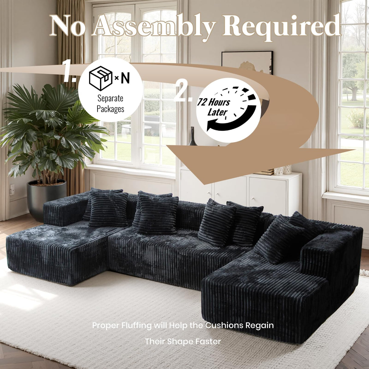 130'' U Shaped Sectional Couches for Living Room, Modular Boneless Cloud Sofa with 2 Chaise Lounges, 4-in-1 Flexible Combination Layered Foam Cushion Deep Seat Corner Couch, No Assembly Black Kelyda
