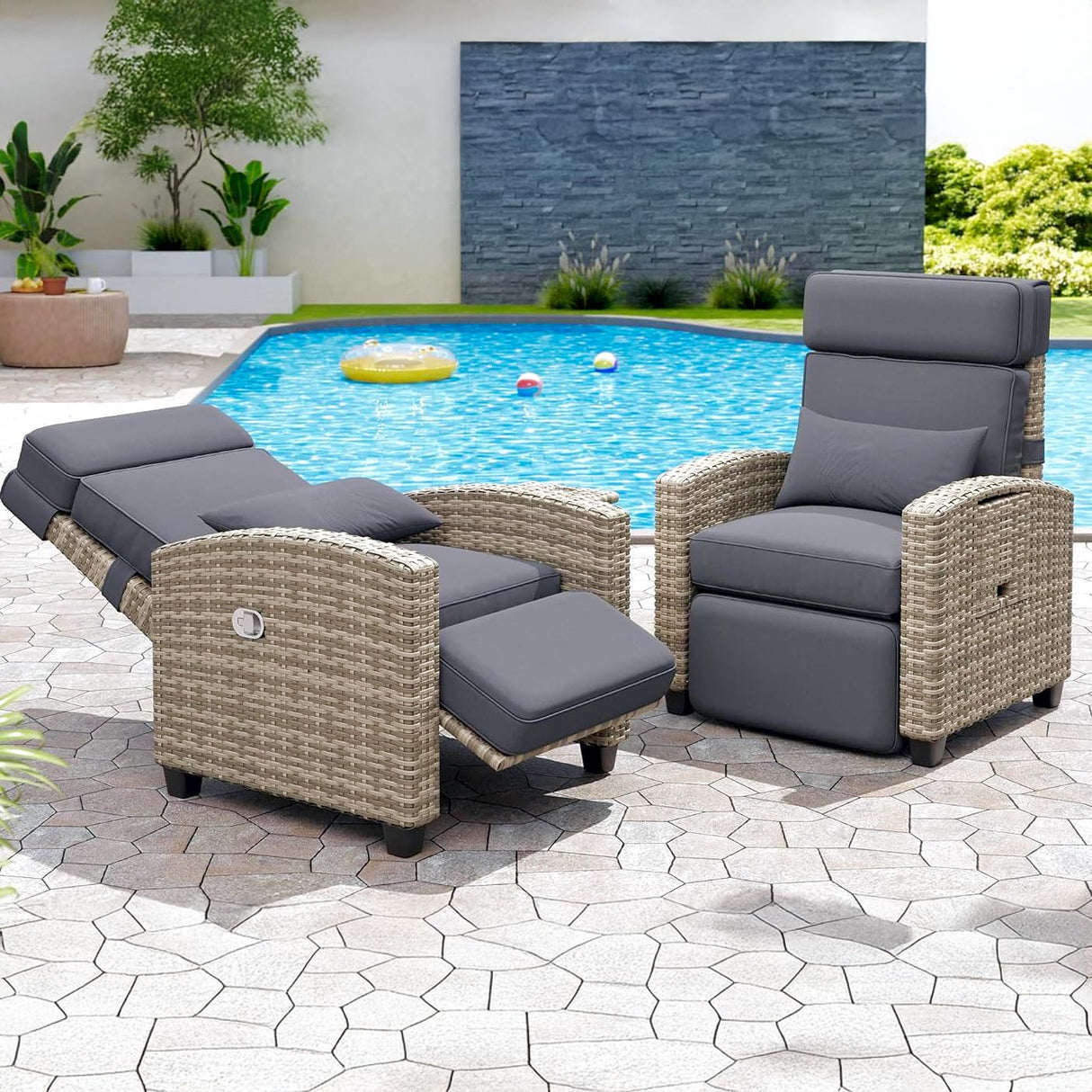 PeacefulHues Outdoor Rattan Recliner, Armrest Console Tray,Patio Lounge, Adjustable Backrest & Footrest 150Β° Lay Flat, Removable Cushion,Air Pump Chair,for Pool,Balcon,Veranda,Porch,Terrace,Yard PeacefulHues