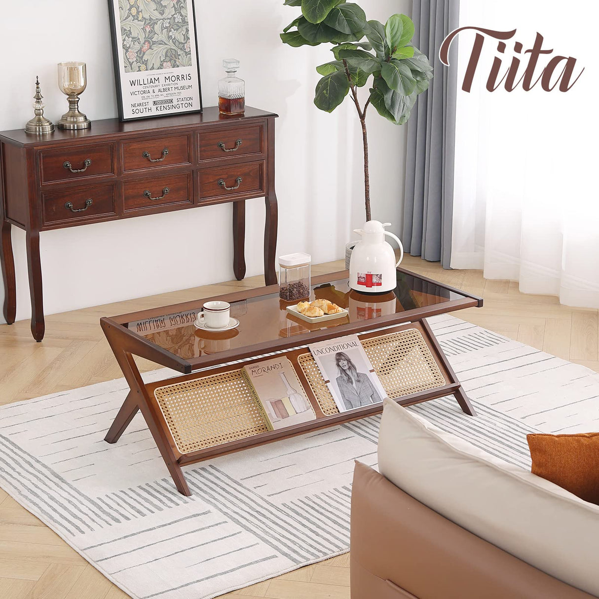Tiita Rattan Coffee Table, Bamboo Accent Bedside Tables, Glass Nightstand Side Table, Boho Wooden End Table with Storage for Living Room,Living Room, Dining Room, Tea, Home Décor Tiita