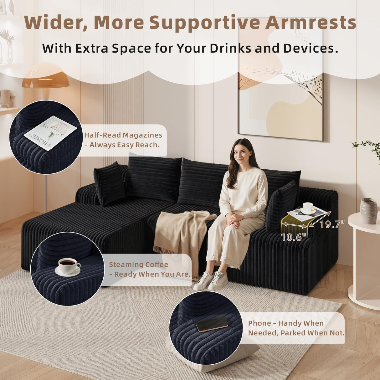 Boneless Couch, Upholstered Cloud Sectional Couch with L Shape Chaise, Fluffy Comfy Cloud Sofa with Deep Seat & Throw Pillows, Boneless Couches for Living Room, No Assembly Required, Black EROMMY