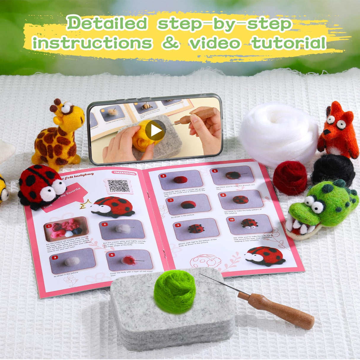 Fedmut Needle Felting Kit - 13Pcs Needle Felting Kit for Beginners with Wool Roving, Felting Pad, Felting Needles for Starters DIY Craft Animal Home Deco Birthday Gift Fedmut