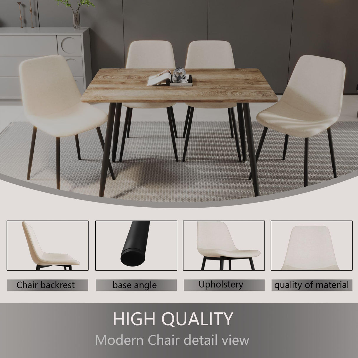 Small Dining Table Set for 4, Modern Dining Table and Chairs Set with 4 Fabric Dining Chairs, 5 Piece Wooden Dining Table Set, 47'' Kitchen Table Set, Ideal for Small Spaces Hilknen