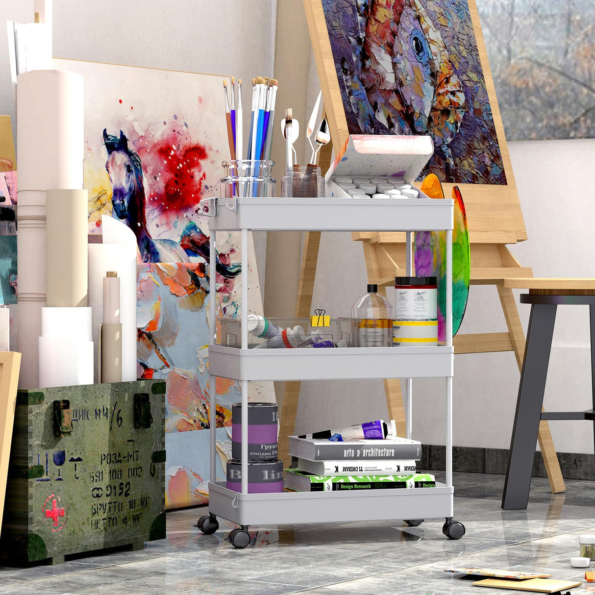 SPACEKEEPER Rolling Storage Cart 3 Tier Bathroom Cart Organizers with Wheels Laundry Room Organization Mobile Shelving Unit Utility Cart Storage Shelves Multi-Functional for Office, Home, Gray SPACEKEEPER