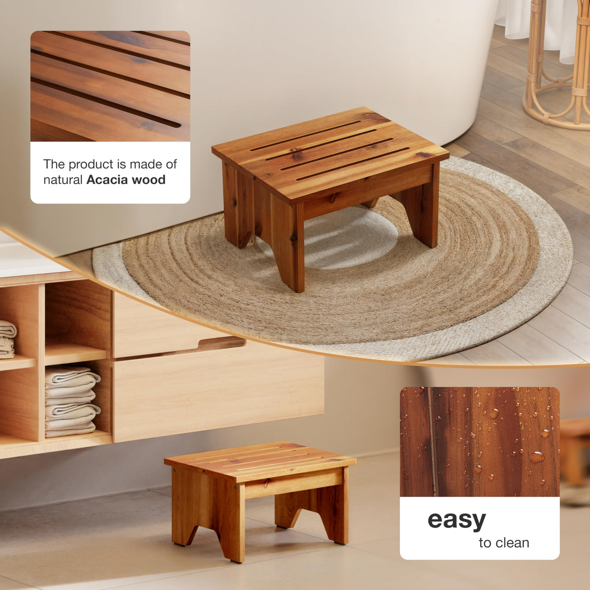 Holana 9" Acacia Wood One Step Stool for Adults - 300 Lbs Wooden Step Stools Heavy Duty for High Bed Riser, Bathroom, Bedroom - Small Stepping Stool for Elderly, Seniors, Kids, Handicap Use Indoor HOLANA