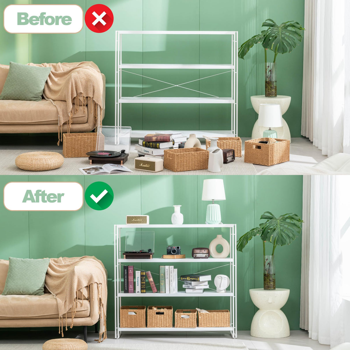 HCHQHS Bookshelf, 4-Tier Industrial Bookcase, White Open Book Shelf, Freestanding Tall Bookshelves with Metal Frame HCHQHS