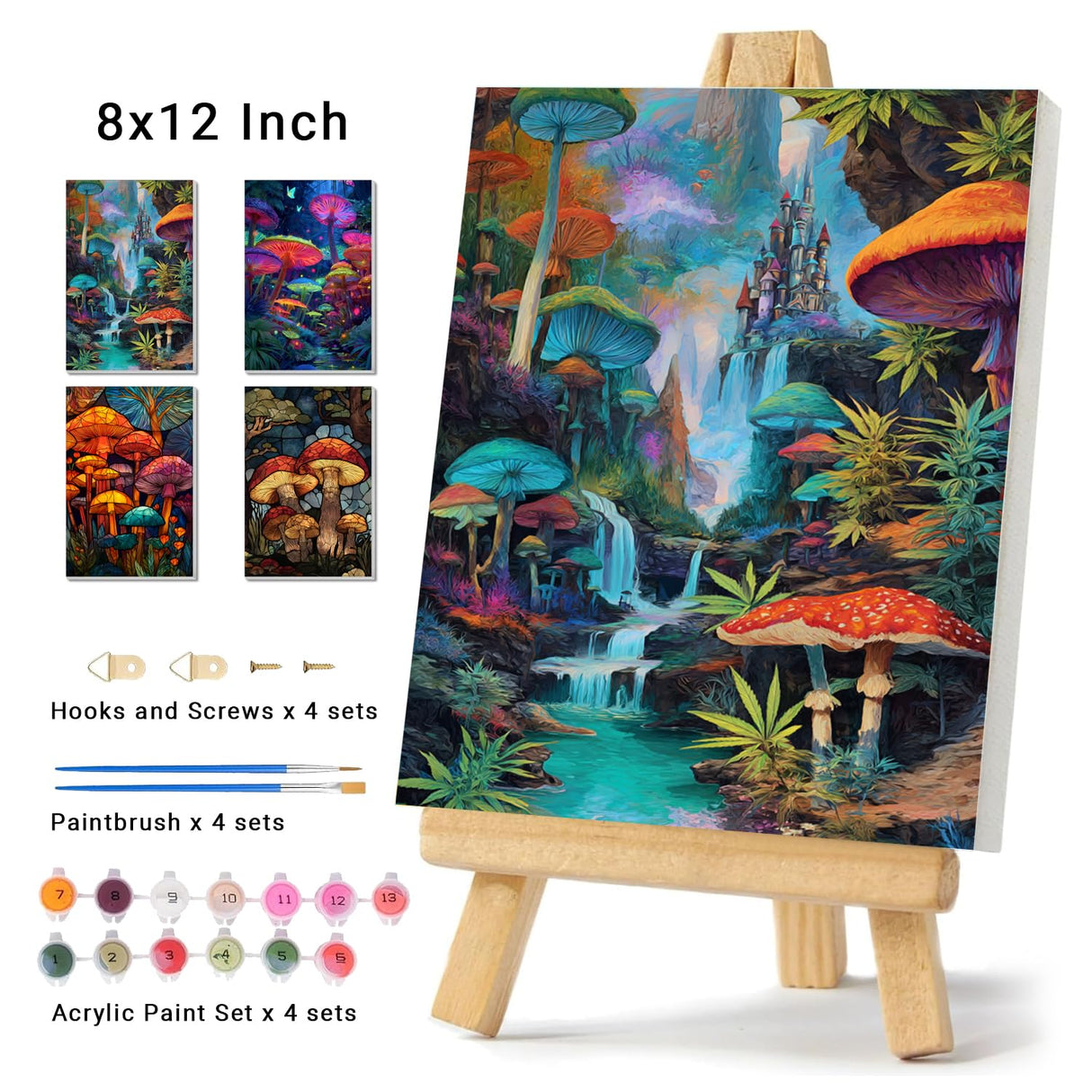 obterie 4 Pack Framed Paint by Numbers Kit for Adults Beginner Canvas Painting by Numbers for Adults Mushroom Easy Adult Paint by Number Kits with Frame Forest Watercolor Painting by Number 8x12 Inch obterie