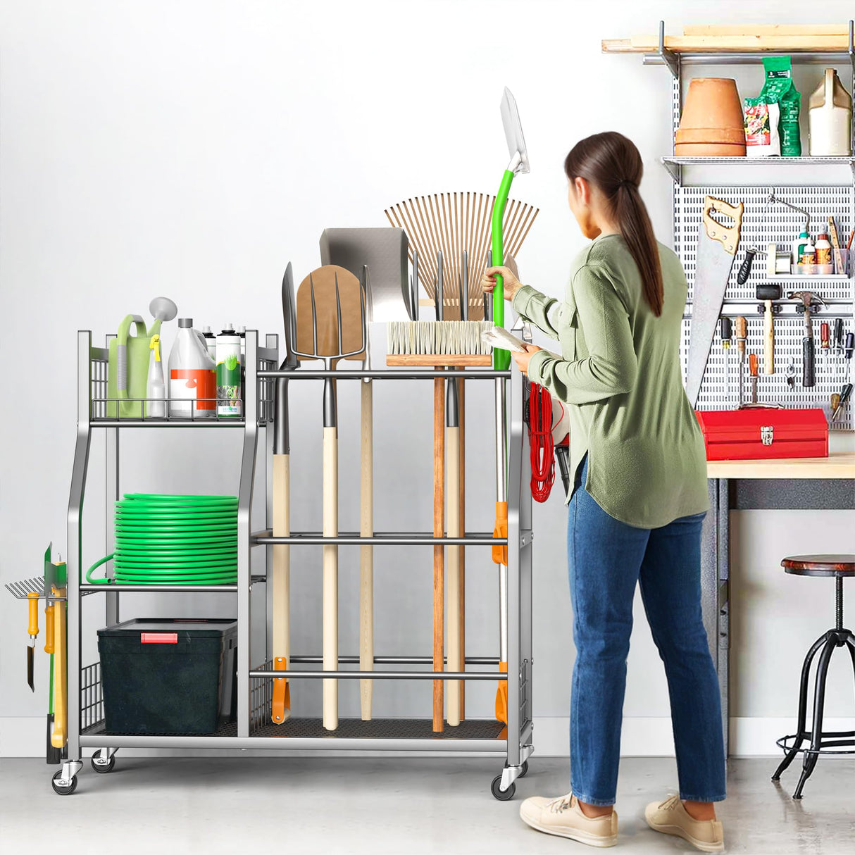 Ultrawall Garden Tool Organizer, Yard Tool Storage Rack for Garage Organization with Lockable Wheels, Garden Tool Stand for Rake, Brooms, Indoor & Outdoor Use Ultrawall