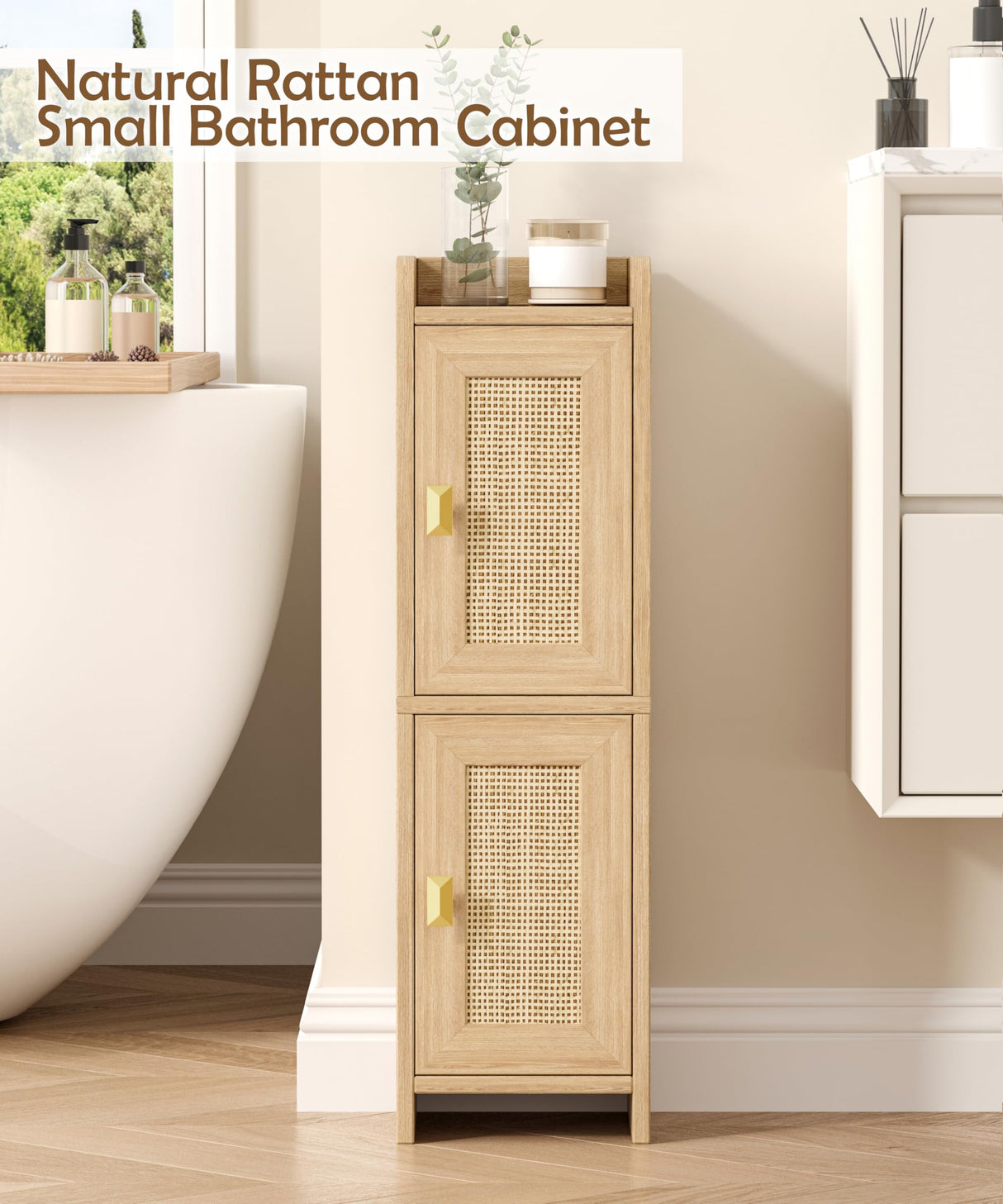 Akxomel Rattan Small Bathroom Cabinet with 2 Doors, Narrow Toilet Paper Storage Cabinet, Bathroom Organizer for Small Spaces, Wooden Slim Corner Floor Unit with Adjustable Shelves, Natural Oak Akxomel