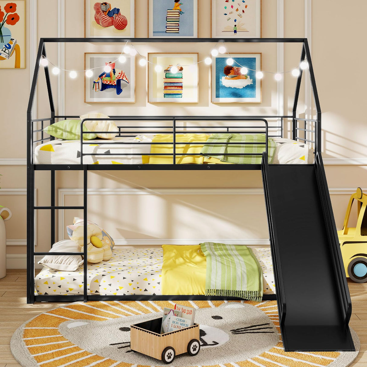 Giantex Twin Over Twin Bunk Bed with Slide & Ladder, House-Shaped Metal Bunk Bed Frame with Safety Guardrail & Roof, Heavy-Duty Kids Loft Bed for Boys Girls Junior, No Box Spring Needed, Black Giantex